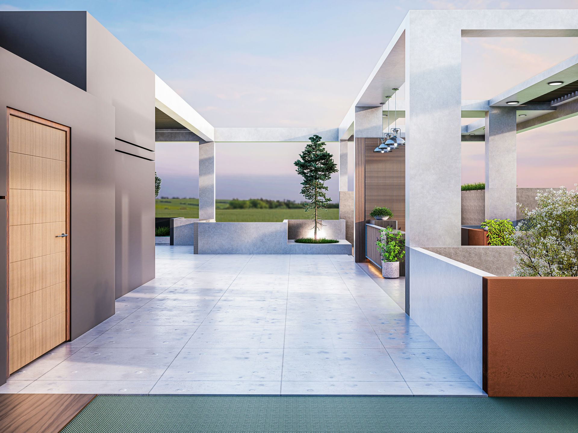 Modern balcony with a view of green fields.